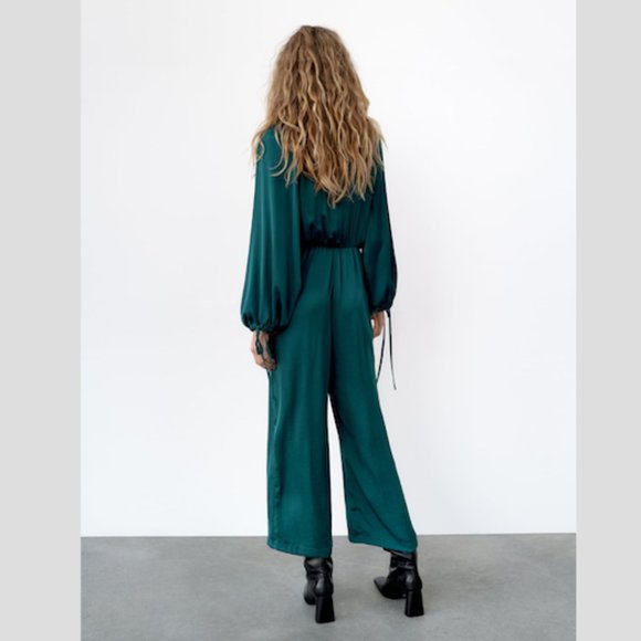 Zara V-Neck Satin Effect Jumpsuit Teal Sz XS NWT - Picture 3 of 10